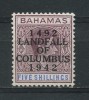 BAHAMAS    1942    450th  Anniv  Of  Landing  Of  Columbus   5/- Reddish  Lilac And  Blue     MH - 1859-1963 Crown Colony