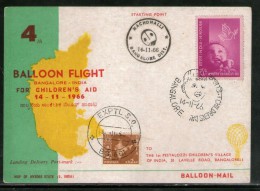 India 1966 Germany 4th Pestalozzi Balloon Flight Bangalore Carried Card Snake Charmer # 1457A - Poste Aérienne