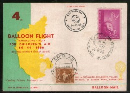 India 1966 Germany 4th Pestalozzi Balloon Flight Bangalore Carried Card Snake Charmer # 1457B - Luchtpost