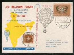 India 1965 Germany 3rd Pestalozzi Balloon Flight Bangalore Carried Card # 1457E - Poste Aérienne