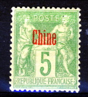 Cina 1894-1900 Tipi Di Francia Del 1876-98 Sovrastampati. N. 3 C. 5 Verde Giallastro (II Tipo) *MH Catalogo € 60 - Other & Unclassified