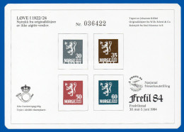 NORWAY 1984  FREFIL 84 PUBLICITY CARD  REPRINT LION STAMPS  EXCELLENT CONDITION - Proofs & Reprints