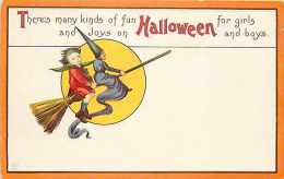 241453-Halloween, Stecher No 63 C, Boy Riding With Witch On A Broom, James E Pitts, Embossed Litho - Halloween