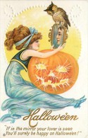 241503-Halloween, Stecher No 216 B, Woman Sitting With JOL On Her Lap Holding Mirror With Owl On Top - Halloween
