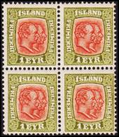 1908. Two Kings. 1 Eyr Green/red. Perf. 12 3/4, Wm. Crown 4-Block. (Michel: 48) - JF191752 - Usati