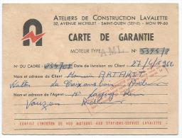 CARTE DE GARANTIE ATELIERS DE CONSTRUCTION LAVALETTE ( AVENUE MICHELET, SAINT OUEN ) POUR MOTEUR TYPE AML EN 1962 - Cars