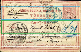 Ottoman Empire,stationery,from Mossoul,11.02.1899 To Paris,11.5.1899 Resend To Berlin13.5.1899+14.5.1899,RR,see Scan - Lettres & Documents