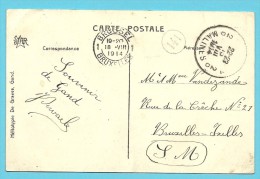 Kaart (GAND / Caserne) Met Stempel MALINES Op 15/08/1914 Met Als Aankomst BRUXELLES Op 18/08/1914 (Offensief W.O.I) - Not Occupied Zone