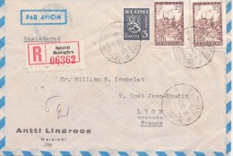LETTRE FINLANDE  COVER FINLAND 1952. RECOMMANDÉE  PAR AVION. HELSINKI- LYON FRANCE  /CLASSEUR FINLANDE 35 - Storia Postale