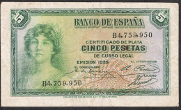 SPAIN  P85  5    PESETAS   1935  Serie B  VF - 5 Pesetas