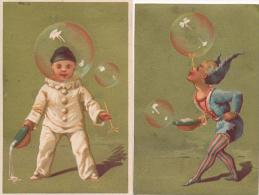 Lot De 2 Chromos Dorées Bulles Cirque Pierrot Enfants Librairie Lebrault Le Mans - Andere & Zonder Classificatie