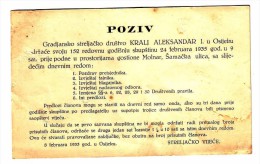 GRADJANSKO STRELJACKO DRUSTVO KRALJ ALEKSANDAR OSIJEK POZIVNICA, INVITATION 1935 SHOOTING CLUB RRARE - Boogschieten