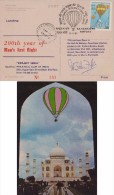 India, 200 Years Of Man´s First Flight, Tajmahal, Mosque, Card Flown In Hot Air Balloon, Signed By Pilot, Inde Indien - Poste Aérienne