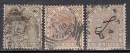 6a British East India Used 1976,  Six Annas X 3 Shade Varities - 1858-79 Compagnie Des Indes & Gouvernement De La Reine