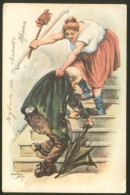 THIELE - WIFE BEATS DRUNK HUSBAND OLD POSTCARD 1931 - Thiele, Arthur