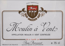 ETIQUETTE De VIN " MOULIN à VENT " Appellation Contrôlée - 75cl - Très Bon état  - - Beaujolais