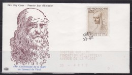 = Monaco Etude Pour Tête De Femme Anniversaire Mort Léonard De Vinci N°799 Oblitération à L'arrivée Arès 33-011 (Gironde - Cartas & Documentos