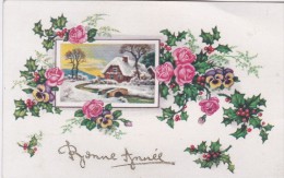 Carte Bonne Année . Fleurs . Paysage . Houx - Nouvel An