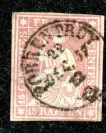 10051  Switzerland 1857 Zumstein #24F  (o)  Michel #15 Bzm  Thin Paper Green Thread - Usati