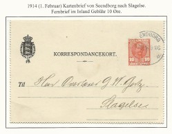 DANEMARK - 1914 - MICHEL Nr. K27 - CARTE-LETTRE ENTIER POSTAL OBLITEREE De SEENDBORG Pour SLAGELSE - Entiers Postaux