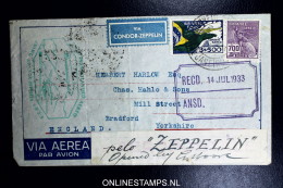 Graf Zeppelin 3. Südamerikafahrt 1933, Brasilianische Post,  Nach Bradford UK  Sieger 220  Opened By Customs - Poste Aérienne & Zeppelin