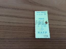 Ticket De Transports RATP (metro) "Gare SNCF N° De Prix 3 PARIS Ma" - Europe