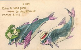 FANTAISIE GAUFREE EMBOSSED POISSON 1er Avril HUMANISE Evitez Le Babil Puéril Eventail Mauve Chapeau Plumes Vert Canotier - Dressed Animals