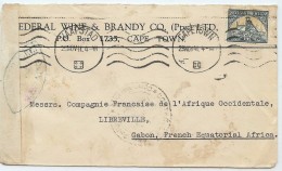 LBL37ETR -AFRIQUE DU SUD - LETTRE  DU 29/11/1941 POUR LIBREVILLE CENSURE - Covers & Documents