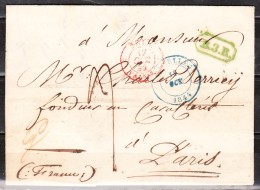 Lettre De 1844 De Bruxelles Pour Paris (France) - Griffe Encadrée Verte B.3.R. - LOOK!!!! - 1830-1849 (Unabhängiges Belgien)