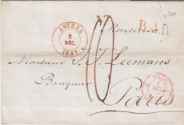 Belgique France 1841 Anvers Lettre Pour Paris, "B4R" & Cachet D´entré En Rouge (o200) - 1830-1849 (Unabhängiges Belgien)