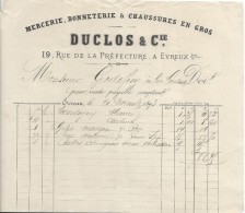 Facture/ Mercerie Bonneterie Et Chaussures En Gros/Duclos & Cie/EVREUX/Godfroy/La Couture/Eure//1876   FACT149 - Textile & Clothing