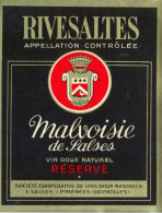 1 Etiquette Ancienne De RIVESALTES - MALVOISIE DE SALSES - VIN DOUX RESERVE - Vin De Pays D'Oc