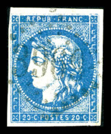 O N°44B, 20c Bleu Type I Report 2 Obl GC, Pelurage, Belle Présentation    Qualité : O    Cote :... - 1870 Uitgave Van Bordeaux