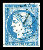 O N°44A, 20c Bleu Type I Report 1 Obl Légère, TTB (signé Brun/certificat)   ... - 1870 Uitgave Van Bordeaux