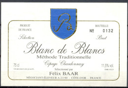 075 - Cépage Chardonnay - Blanc De Blancs - Vin Mousseux De Qualité - Brut - Félix BAAR - Négociant Eleveur 21190 - Witte Wijn