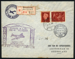 23/MAY/1949 Paramaribo - Amsterdam: First Flight, Registered Cover, Arrival Mark On Front! - Surinam