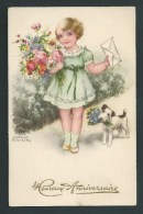 Petersen Hannes. Heureux  Anniversaire. Jolie Fillette Avec Bouquet De Roses Accompagnée Par Son Petit Chien. - Petersen, Hannes