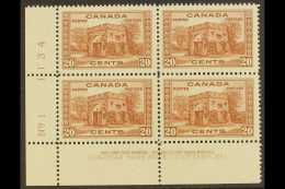 1937-8 20c Red-brown, Fort Garry Gate, Lower Left Plate Block Of Four, SG 365, Hinged On Lower Pair, Top Pair NHM.... - Other & Unclassified