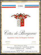181 - Côtes De Bergerac - 1986 - White Bergerac Wines - Dourthe Frères 33290 - Parempuyre Imported St Geroges Beverley H - Bergerac