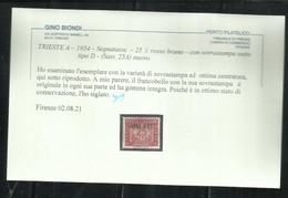 TRIESTE A 1954 AMG-FTT NUOVO TIPO DI SOPRASTAMPA OVERPRINTED SEGNATASSE POSTAGE DUE TASSE TAXE LIRE 25 MNH CENTRATO - Strafport