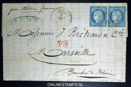 Martinique: Lettre 1875  Losagne MQE, PD  + St Pierre Yv 23 Paire RRR Maury Cat Valeur Pour 1 Timbre Est 250 Euro - Covers & Documents