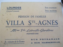 Carte Commerciale/Pension De Famille/ Villa Sainte Agnés/Latreille-Gardéres/LOURDES/Vers 1920-1930   CAC16 - Tarjetas De Visita