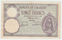 Algeria 20 Francs 30-1- 1942 "F++" Banknote Pick 78c 78 C - Algerije
