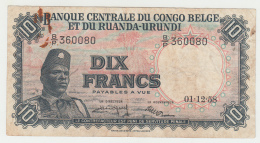 Belgian Congo 10 Francs 1958 VF Banknote Pick 30b  30 B - Banco De Congo Belga