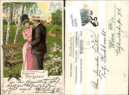 184296,Pfingsten Präge Litho Frau Mann I. Park Bank Schwalben Blumen - Pentecost