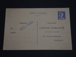 FRANCE - Entier 0.20 Muller Privé Et Repiqué Cinéma-Publicigté Vierge Avec Griffe Bleue SPECIMEN - Voir R°V° - P20167 - Cartes Postales Types Et TSC (avant 1995)