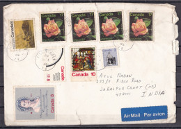 CANADA,   Airmail Cover From Canada To India, 10 Stamps, Multiple Cancellations, Queen, Roses - Cartas & Documentos