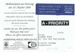 COST-L44 - ALLEMAGNE Gruss Aus Freiburg Carte Repro Exp. Par Avion D'Amsterdam En Port Payé - Machine Labels [ATM]