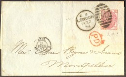 UK - FRANCE - LONDON To MONTPELLIER Via  ANGL. AMB. CALAIS F - 3 Pence  - Cachet 33 - 1874 - Brieven En Documenten