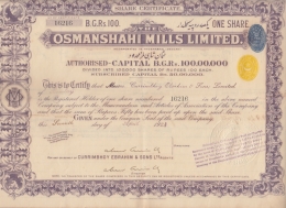 HYDERABAD  2A Yellow Embossed Revenue + 2A India Blue Revenue On 100 Rs Osmanshahi Share Certfct # 92658  India  Inde - Textile